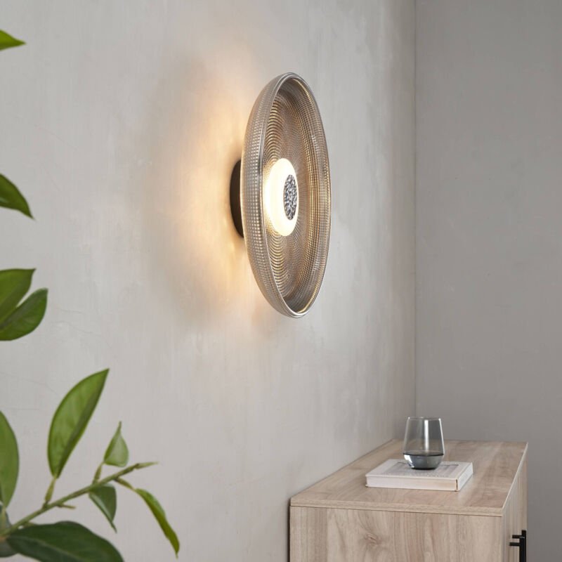 Runde LED-Decken- oder Wandleuchte Rauchglas und schwarzer Sockel - Ossara