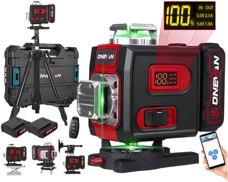 Selbstnivellierender grüner Lasernivellier, verstellbares Stativ (100 cm), Reichweite 25 m, 4 x 360°, mit LCD-Display, f...