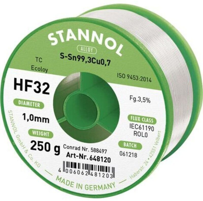 Stannol - HF32 3500 Lötzinn, bleifrei Spule Sn99,3Cu0,7 REL0 250 g 1 mm