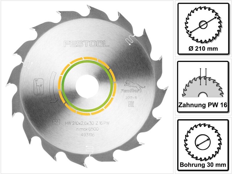 Kreissägeblatt wood rip cut hw 210x2,6x30 PW16 (493196) - Festool