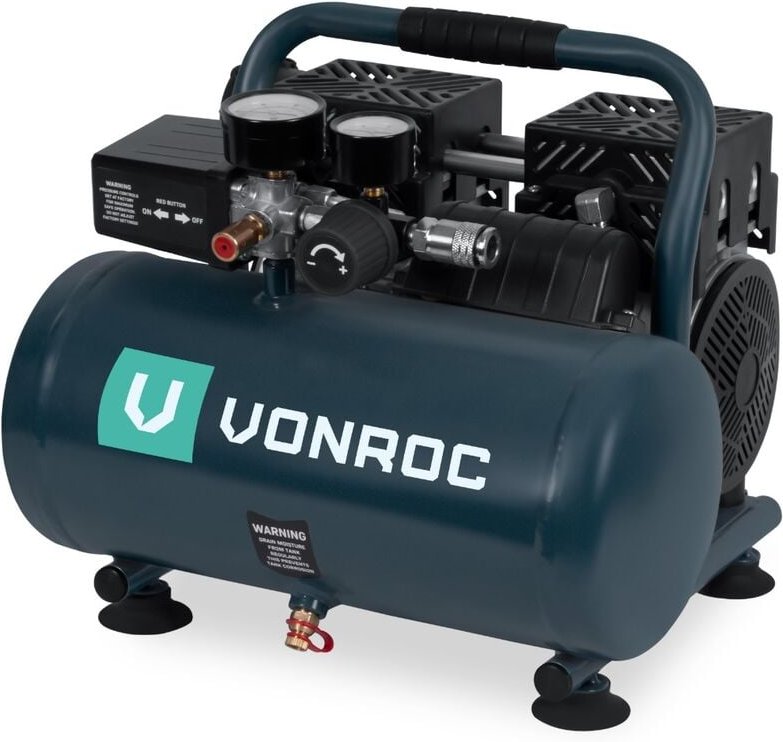 Vonroc - Leiser Luftkompressor – Ölfrei – 750 w – 1 ps – 128 l/min. - 6-Liter-Tank – 8 bar – 57,5 dB(A) – Grau