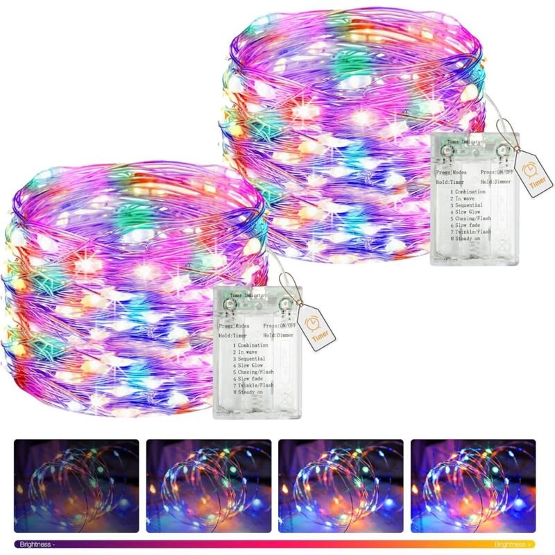 btfarm 2er-Pack 5 m Lichterkette mit 50 LEDs, Timer, dimmbar, 8 Modi, wasserdicht, batteriebetrieben, für Weihnachten, P...