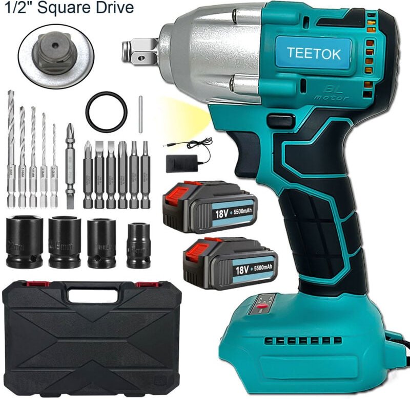 Teetok - 450 Nm 1/2 Zoll bürstenloser kabelloser Schlagschrauber, Bohrmaschine, Ratschenschrauber, 2 x 5,5 A-Batterien, ...