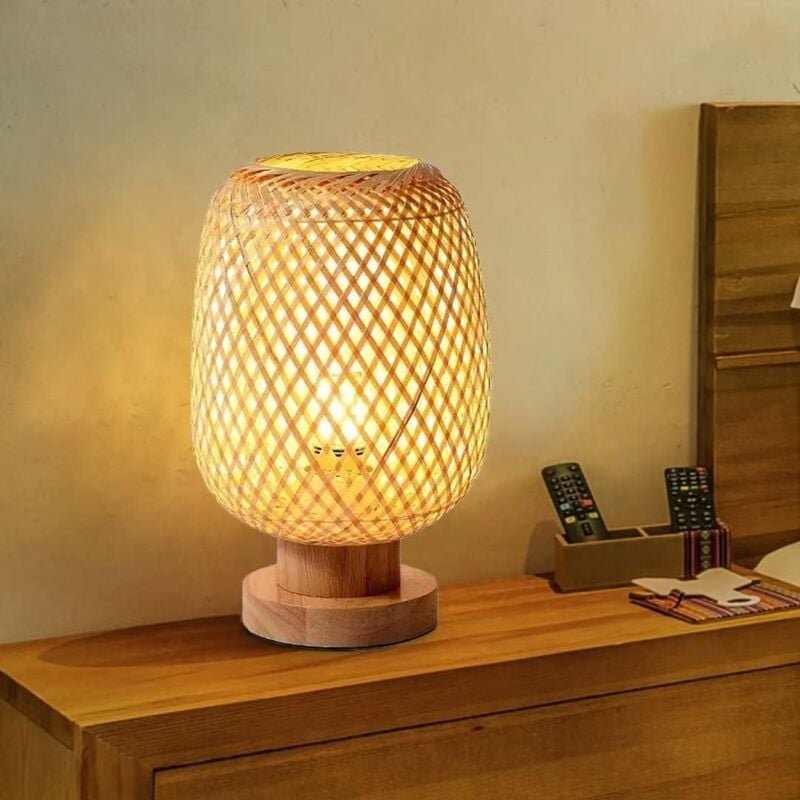 Thumbnail - Tischlampe aus Bambusgeflecht, klein, exquisiter Lampenschirm aus Bambus, Nachttischlampe im japanischen Stil, Nachtlich...