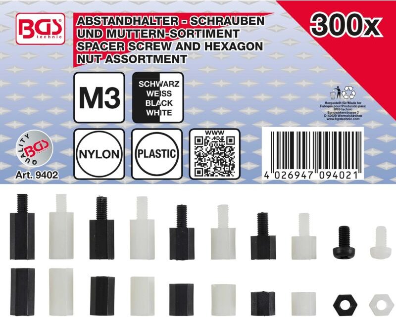 Bgs Technic - Abstandhalter-Schrauben und Sechskant-Muttern-Sortiment Nylon 300-tlg.