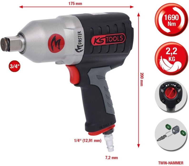 3/4" MONSTER Hochleistungs-Druckluft-Schlagschrauber, 1690Nm