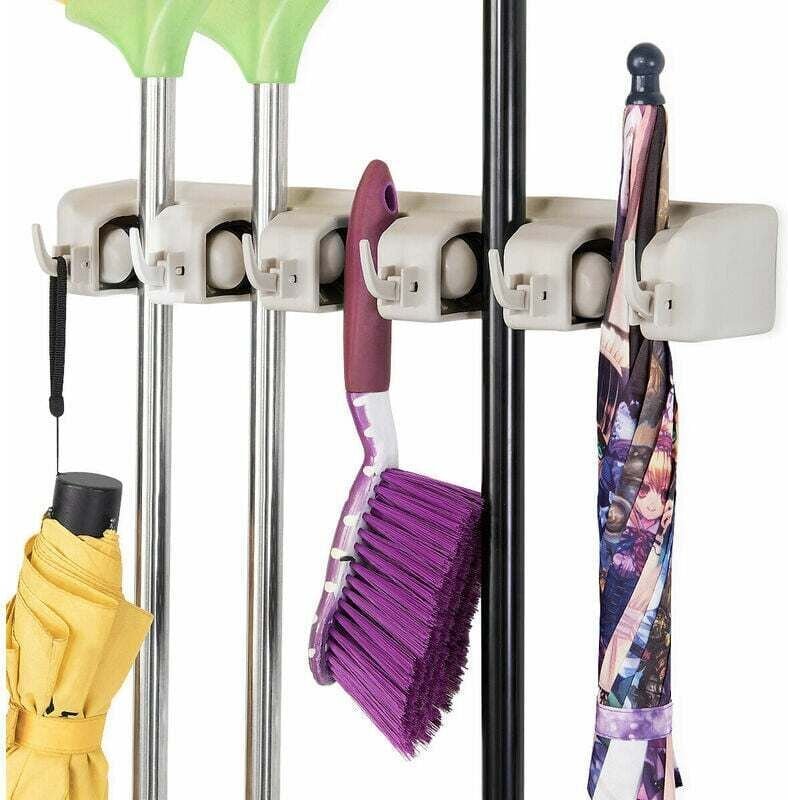 Jalleria - Wandbesenhalter mit 5 Schlitzen und 6 Haken/Wandbesenhalter für Badezimmer, Küche oder Garage – Weiß