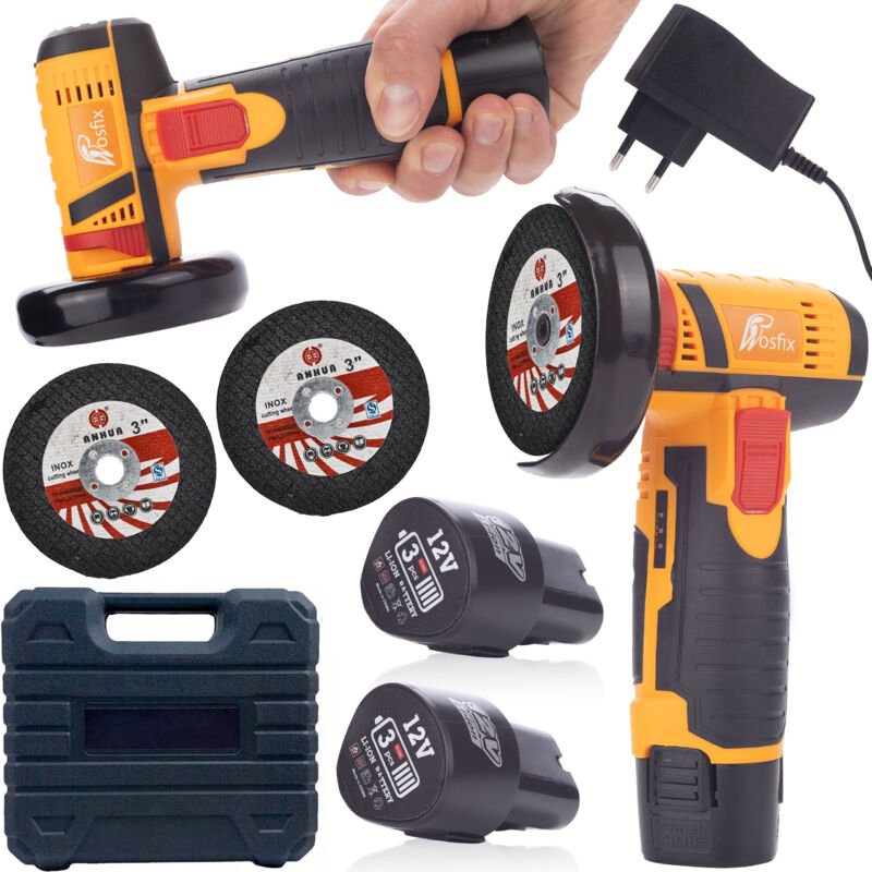 Rosfix Blue Bird MBB12V – Mini Akku-Winkelschleifer 12 V, 76 mm Scheibe 19500 U/min, M10 Gewinde 2 Akkus + Ladegerät Ser...