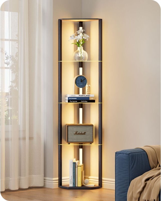 EDISHINE Stehlampe Wohnzimmer Holz, Retro Stehlampe mit 4 Regalen aus Glas, dimmbar & 3 Farbtemperaturen, 20W 360°drehba...