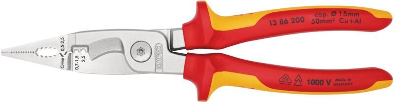 KNIPEX 13 86 200 Elektro-Installationszange isoliert mit Mehrkomponenten-Hüllen, VDE-geprüft verchromt 200 mm