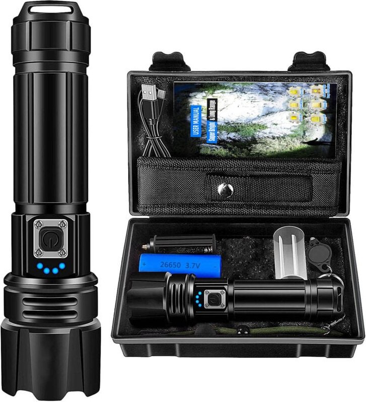 Ultrastarke LED-Taschenlampe, wiederaufladbare Taschenlampe, taktische Taschenlampe, 26650-Akku, IPX4 wasserdicht, 5 Mod...