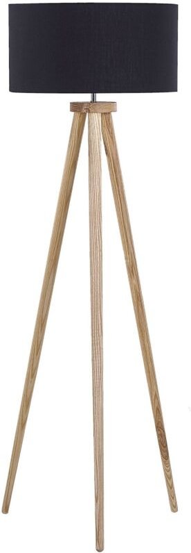 Stehlampe Schwarz Holz 140 cm runder Stoffschirm Dreibeinig langes Kabel mit Schalter Modernes Design