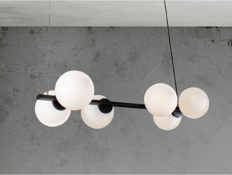 LED Pendelleuchte 6 flammig Schwarz & Opalglas Kugeln Weiß, Breite 80cm