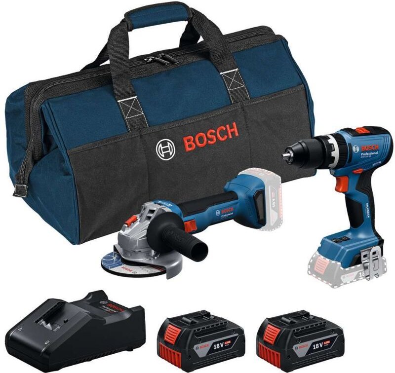Bosch - 18V Akku-Set Schlagbohrschrauber GSB 18V-65 und Winkelschleifer GWS 18V-8, 2x Akku 4,0 Ah Li-Ion, Ladegerät 0615...