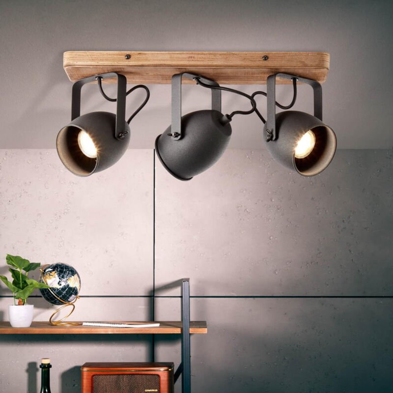 BRILLIANT Lampe, Crowton Spotbalken 3flg kohlenschwarz/holz, Metall/Holz, 3x PAR51, GU10, 6W,Reflektorlampen (nicht enth...