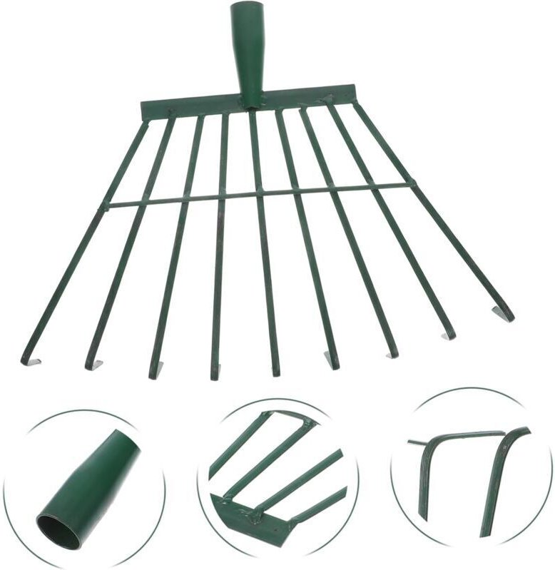 Handrechen für den Garten. Laubbesen aus grünem Eisen.