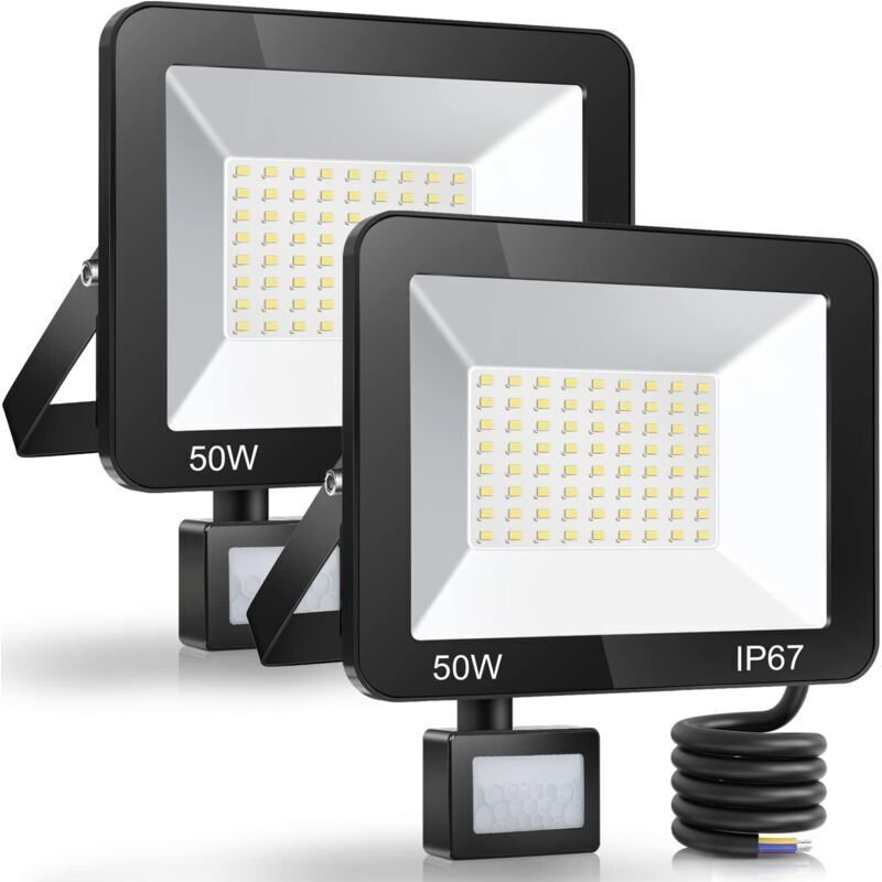 50 W LED-Außenstrahler mit Bewegungsmelder, 2er-Pack, IP67 wasserdichter LED-Strahler mit Sensor, 5000 lm, 7000 K, kaltw...