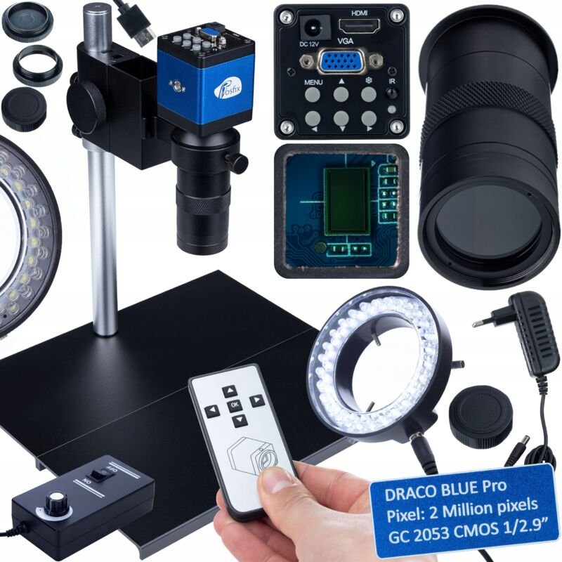 Rosfix Planets Pro 100X – Digitalmikroskop Full HD HDMI VGA Basis 290×260 mm C‑Mount 40–400 mm LED 56 Set