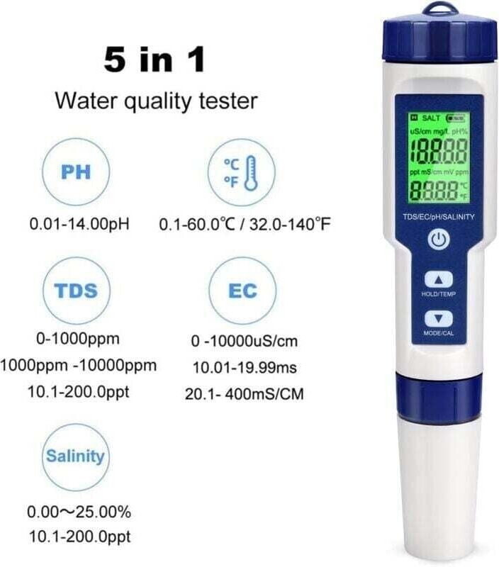 Elektronisches pH-Meter – 5-in-1-Poolwassertester mit Hintergrundbeleuchtung – pH/TDS/EC/Salzgehalt/Temperatur mit ATC –...