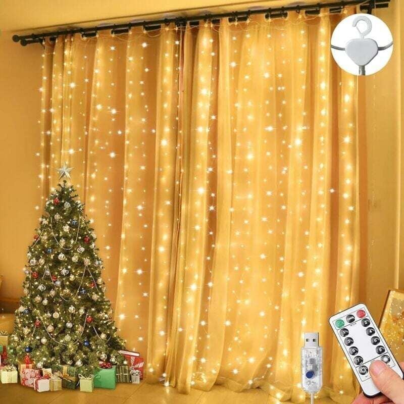 Luci a stringa per tende 3mx3m 300 led 8 modalità telecomando timer luminosità regolabile impermeabile IP65 (bianco cald...