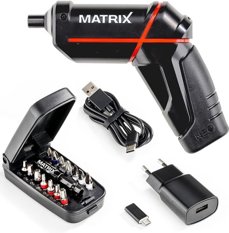 Matrix Akkuschrauber 4 Volt inkl. Li-Ion 2,0 Ah Akku, Ladegerät + Bitset 14 tlg.