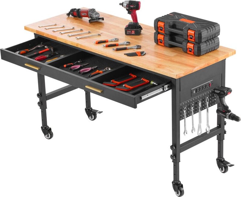 Mophorn 60" verstellbare Werkbank, 1500 lbs Tragkraft, Schubladenaufbewahrung, Steckdose, Räder, Stecktafel, robuste Eic...