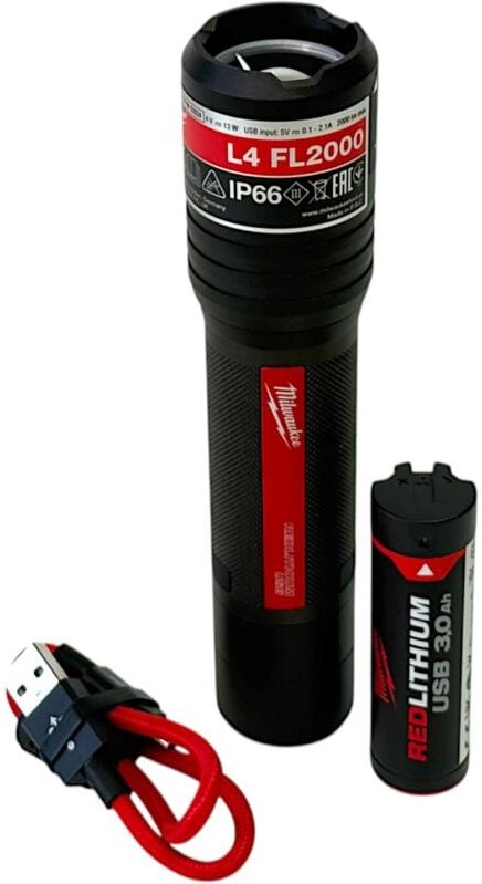 L4 FL2000-301 Akku Taschenlampe ip 66 2000 Lumen usb ( 4933479637 ) + 1x Akku 3,0 Ah + usb Kabel - Milwaukee