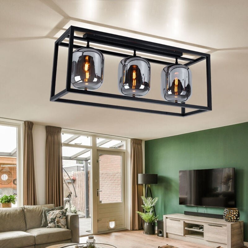 Deckenlampe Glasleuchte 3 flammig Glasschirm rauchfarben Deckenleuchte rund schwarz Wohnzimmerlampe, Metall Glas, schwar...