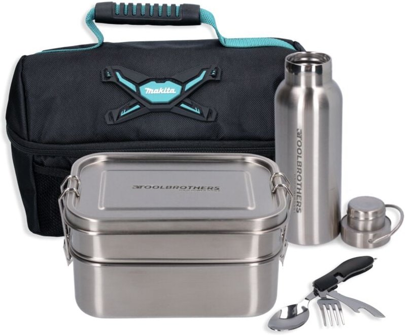 Toolbrothers - Fan Lunchpaket in Makita Kühltasche mit Edelstahl Brotdose mit 2 Etagen und Edelstahl Deckel 1340 ml + Ed...