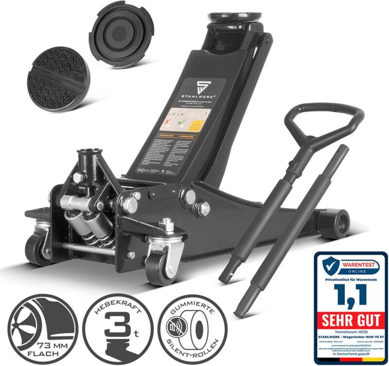 Wagenheber WHB-73 st mit 3 t Tragkraft Gummirollen 73-500mm Hubbereich - Stahlwerk
