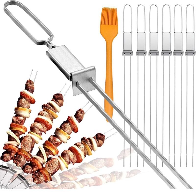 Metallspieße für Schaschlik, 6er-Packung mit Schiebestange, doppelzinkige, rutschfeste Grillspieße aus Edelstahl, wieder...