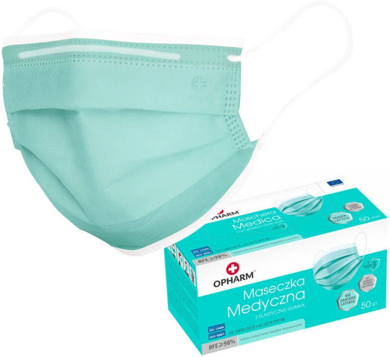 Türkisfarbene OP-Maske mit Gummiband, Typ IIR Opharm, 50 Stück