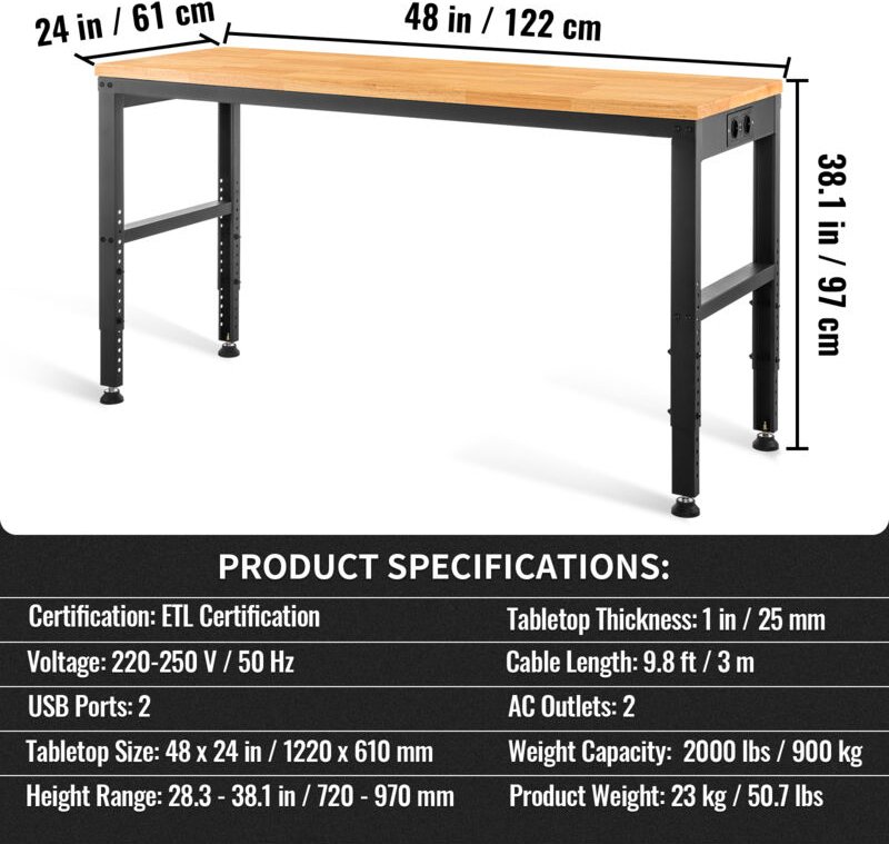 Höhenverstellbare Werkbank 122cm b x 61cm t x 97cm h Garagentisch 900KG Belastbarkeit Steckdosen Hartholzplatte Metallra...