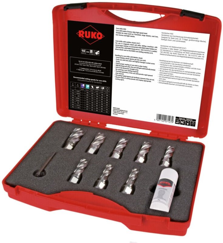 Ruko - Kernbohrersatz hss mit Weldonschaft cbn geschliffen 10tlg. In Kunststoffkoffer - 108810