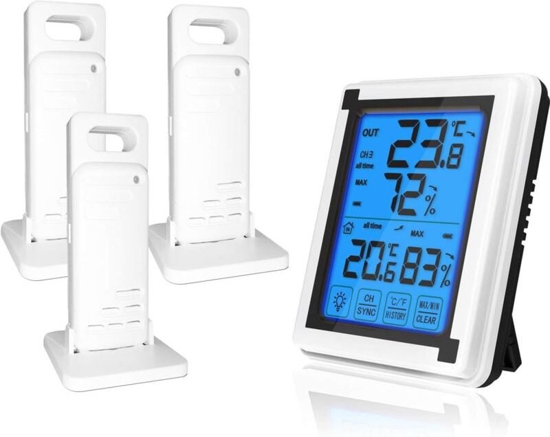 Digitales Thermometer und Hygrometer für den Innen- und Außenbereich mit 3 drahtlosen Sensoren, Feuchtigkeitsmesser, prä...