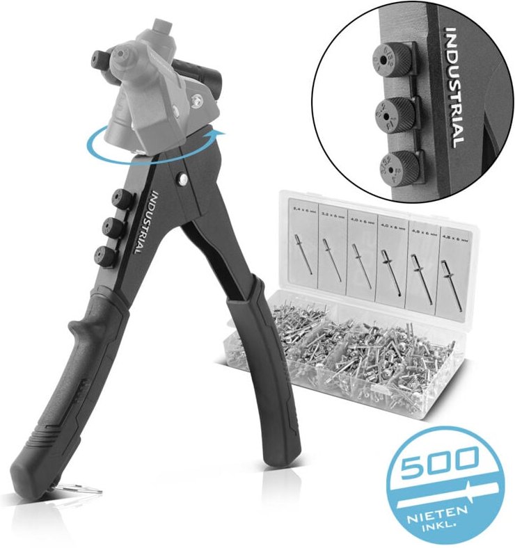 STAHLWERK Nietzangen Set 360° Blindnietzange Einhand Hebelnietzange + 500 Nieten