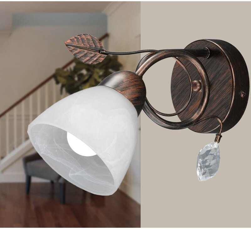 Led Wandleuchte Rostoptik mit Glasschirm und Blätterdeko, Höhe 21,5cm