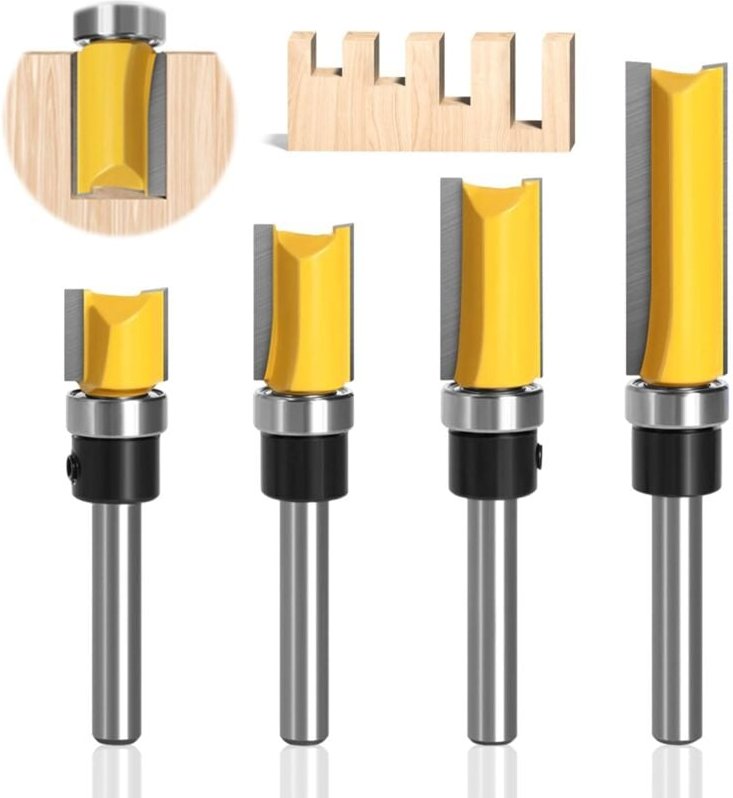 Schaft-Bündigfräser-Bits, 4 Stück 6,35 mm Schaft-Bündigfräser-Bits, professionelles Zubehör mit Kugellagern, Holzbearbei...