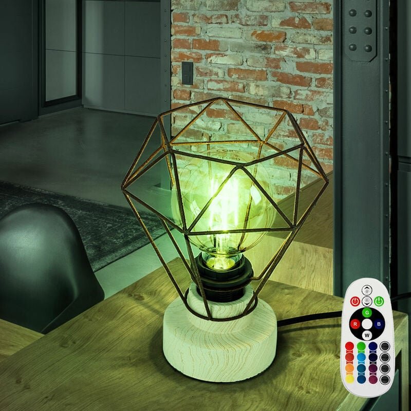 Tischlampe Wohnzimmer Holzlampe Tischleuchte Schlafzimmerlampe Käfig Holz E27, Fernbedienung dimmbar, Metall rost, 1x RG...