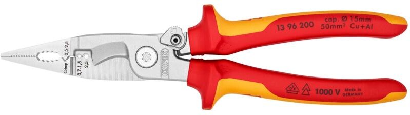 KNIPEX 13 96 200 Elektro-Installationszange isoliert mit Mehrkomponenten-Hüllen, VDE-geprüft verchromt 200 mm