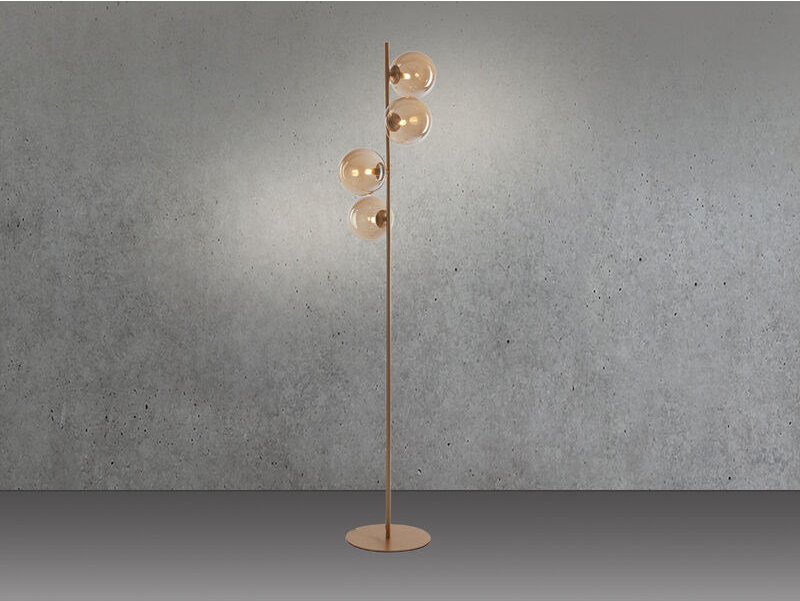Ausgefallene led Stehleuchte Messing - Glaskugeln Amber, Höhe 160cm