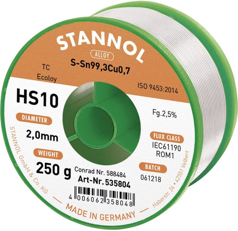 Stannol HS10 2510 Lötzinn, bleifrei Spule Sn99,3Cu0,7 ROM1 250 g 2 mm