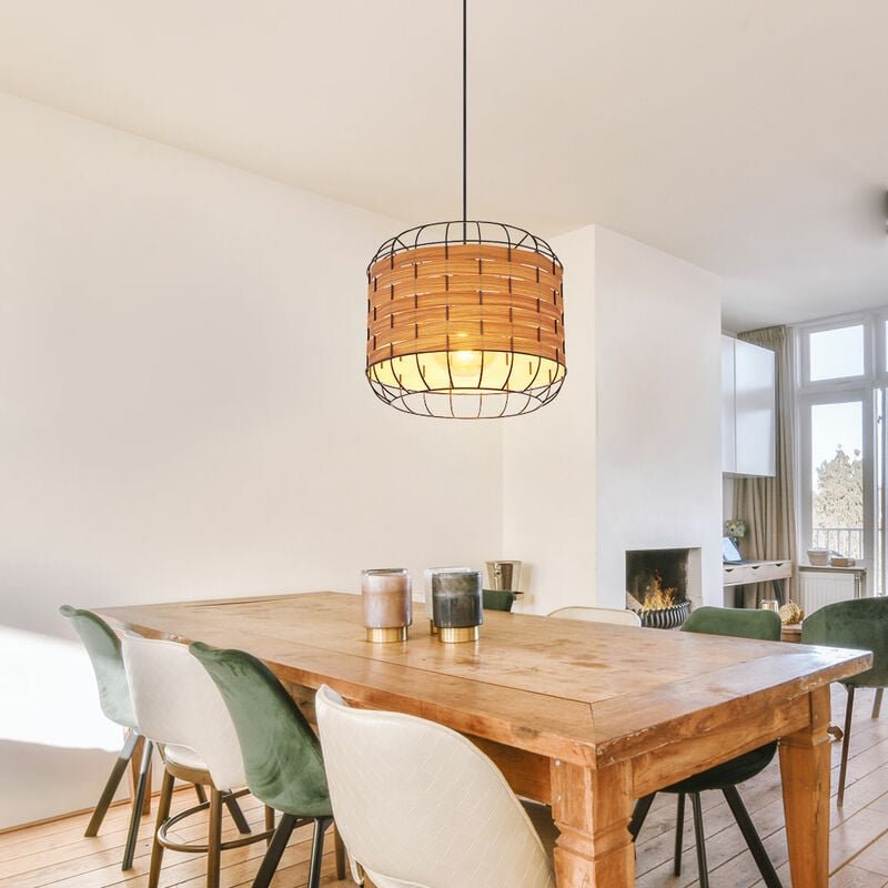 Pendellampe Esszimmerlampe Landhaus Holzoptik Hängelampe Gitterschirm, Metall, schwarz, matt, 1x E27 Fassung, DxH 35x120...