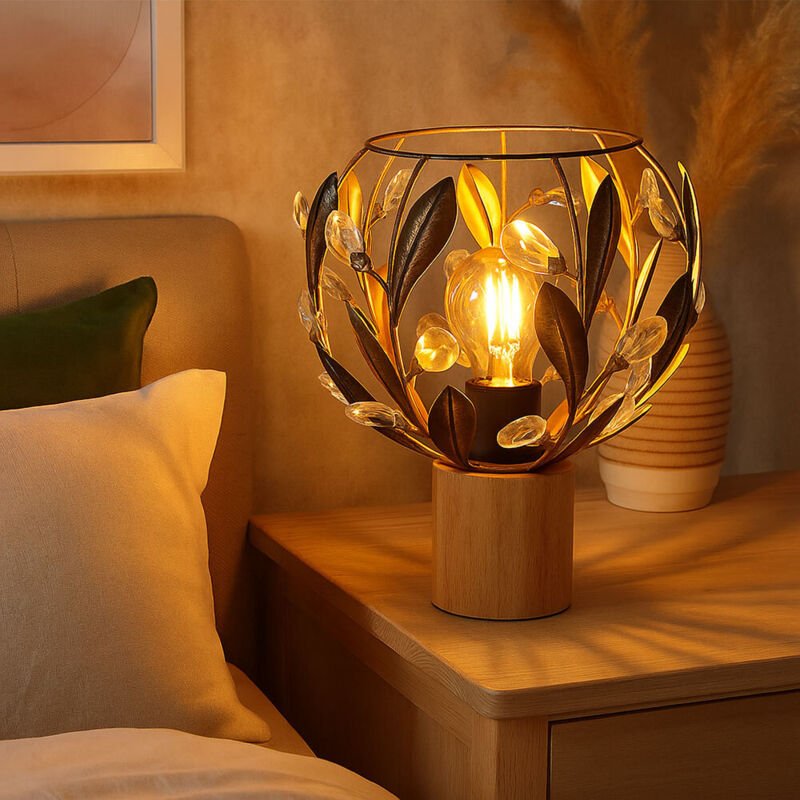 LED Tischlampe Wohnzimmer Tischleuchte Kristalle Nachttischlampe goldfarben, Holz Acryl, 4W 320lm warmweiß, DxH 20x25 cm