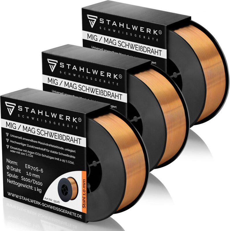 STAHLWERK Schweißdraht MIG MAG ER70S-6 SG2 Ø 1,0 mm S100/D100 1kg Draht 3er Set