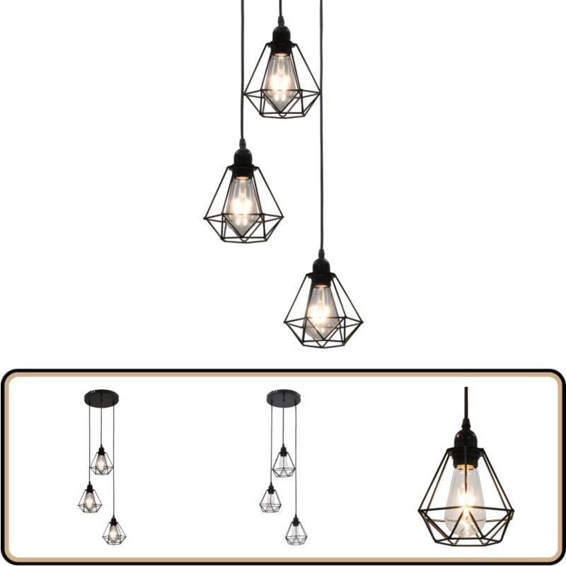 Thumbnail - Vidaxl - Deckenleuchte mit Diamant-Design Schwarz 3 x E27 Glühbirnen - Metalldeckeleuchte - Schwarze Deckenleuchte - Des...