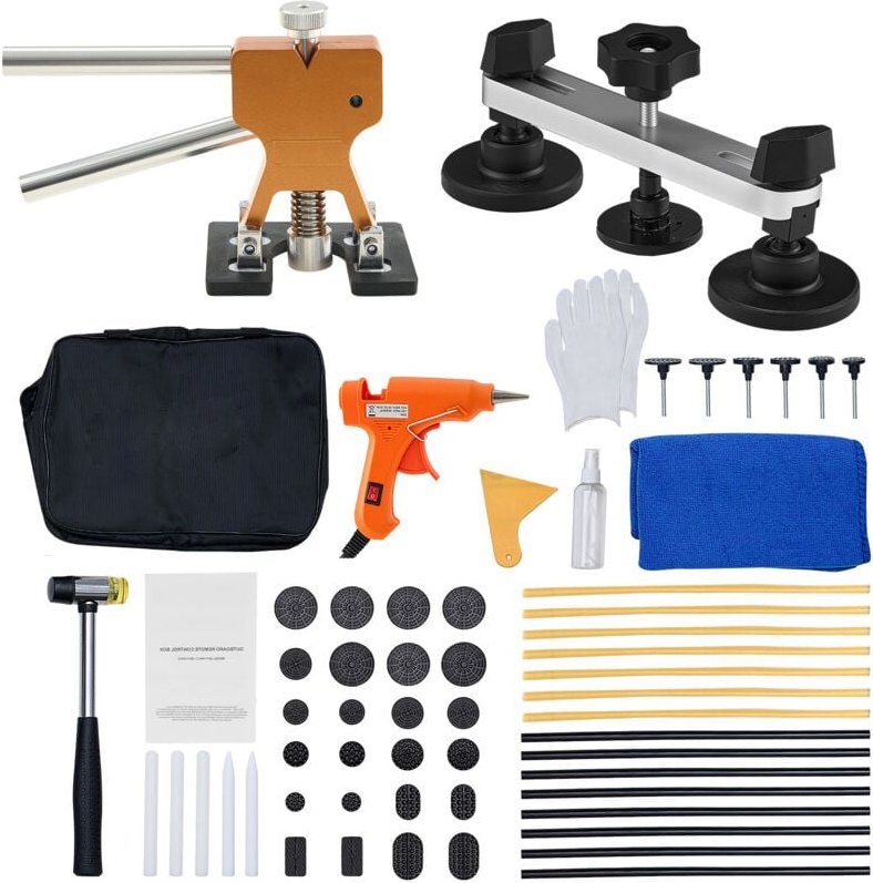 Mophorn 60-teiliges Dellenentferner-Set zur lackschonenden Reparatur, inklusive goldenem Heber, Brückenzieher, Klebepist...