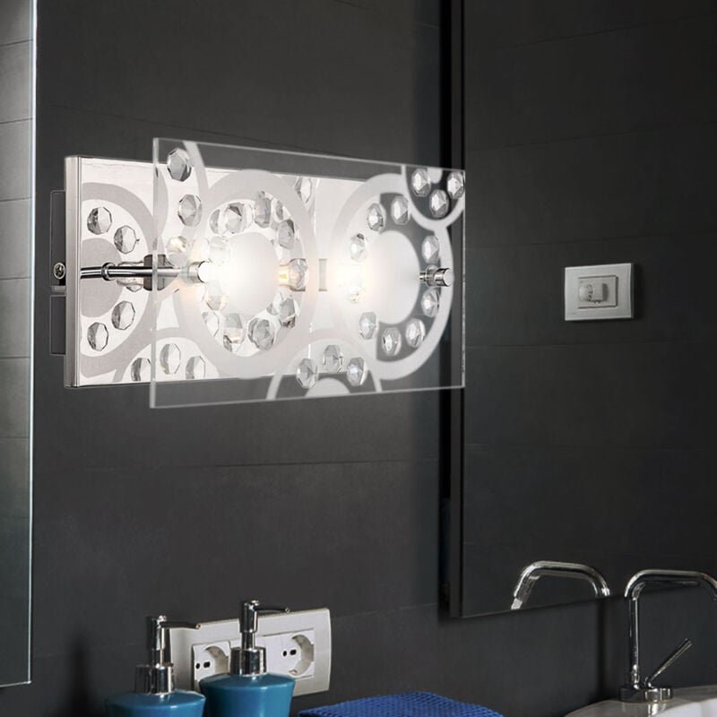 Wandleuchte Glas Kristalle Kristallleuchte Wandlampe 2 Flammig Flurleuchte Wand Chrom, klar, 2x G9, LxBxH 24x12x9 cm