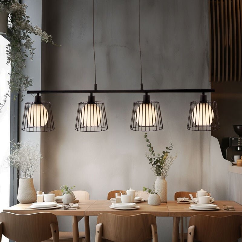 Hängelampe Esstischleuchte 4 flammig Pendelleuchte Wohnzimmerlampe, Metallgitter schwarz, Glaskugel weiß, 4x E14, BxH 90...
