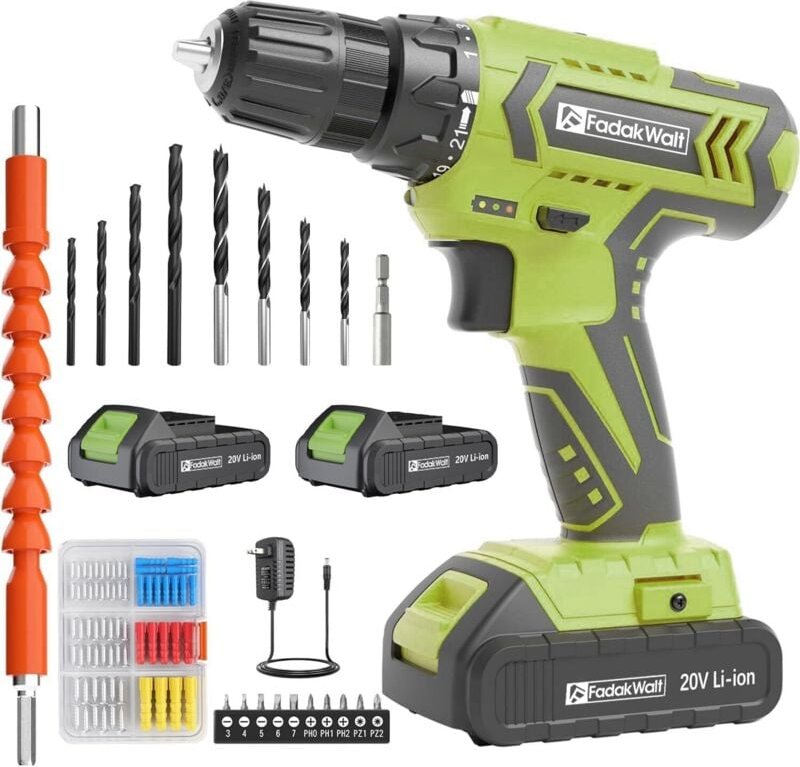 Ensemble de perceuse sans fil Pulituo Perceuse électrique 20 v avec 2 batteries et chargeur, couple 30 n, 21 + 1 réglage...